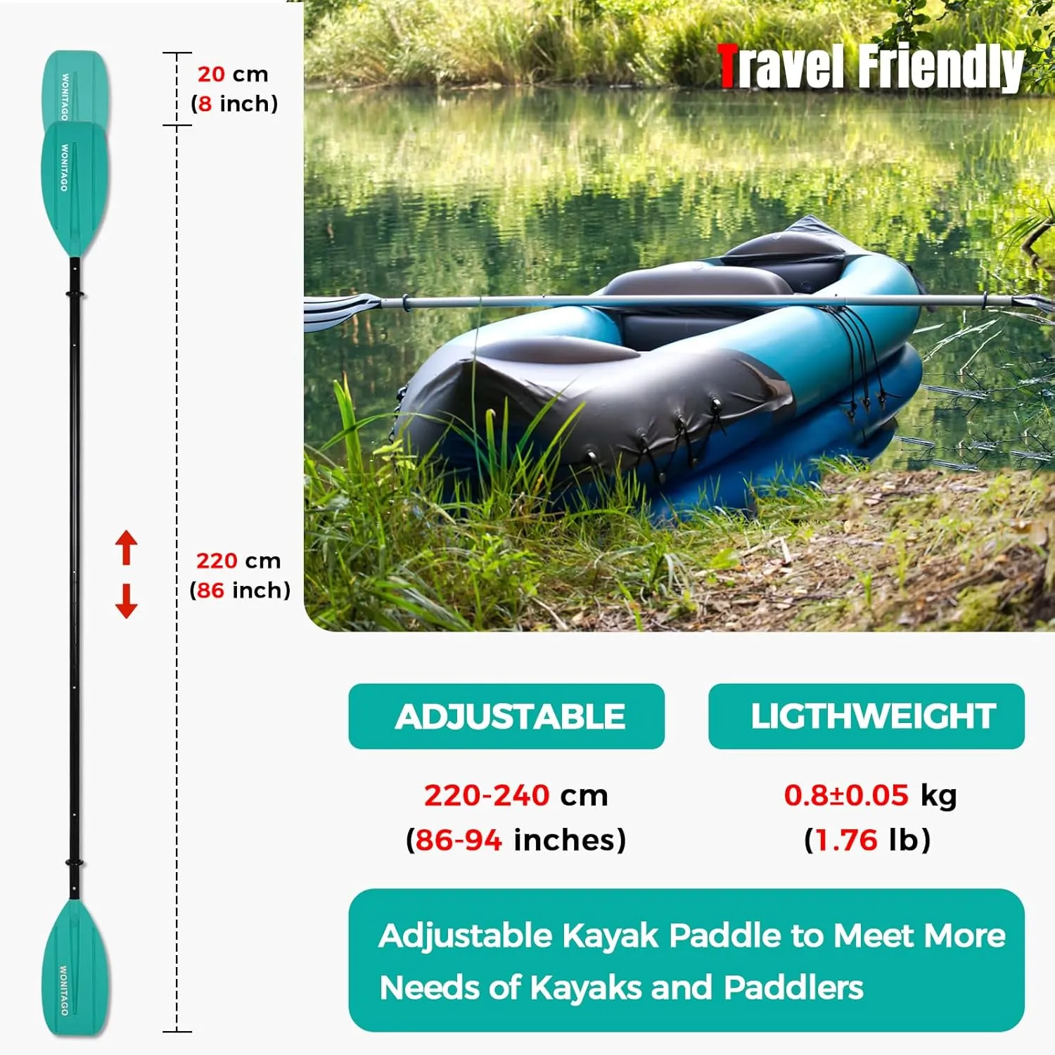 Kayak Paddles with Aluminum Shaft and PP Blade, Portable Kayaking Oars for Inflatable Kayak, Packrafts, Adjustable 220-240 cm/86-94 Inches, 5 Piece