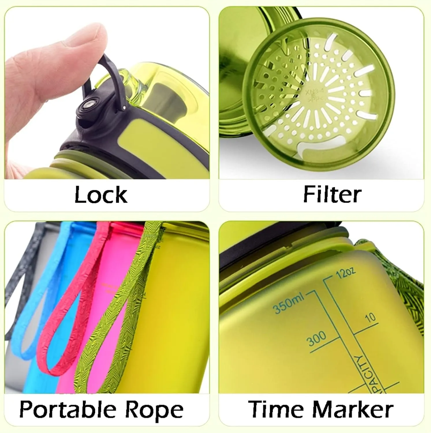 kettles 34oz Sports Bottle with Portable Rope/Time Marker,Large Simple Water Cups-Leak proof Lid,Plastic Fitness Water Jug-Lock Button canteen(D)