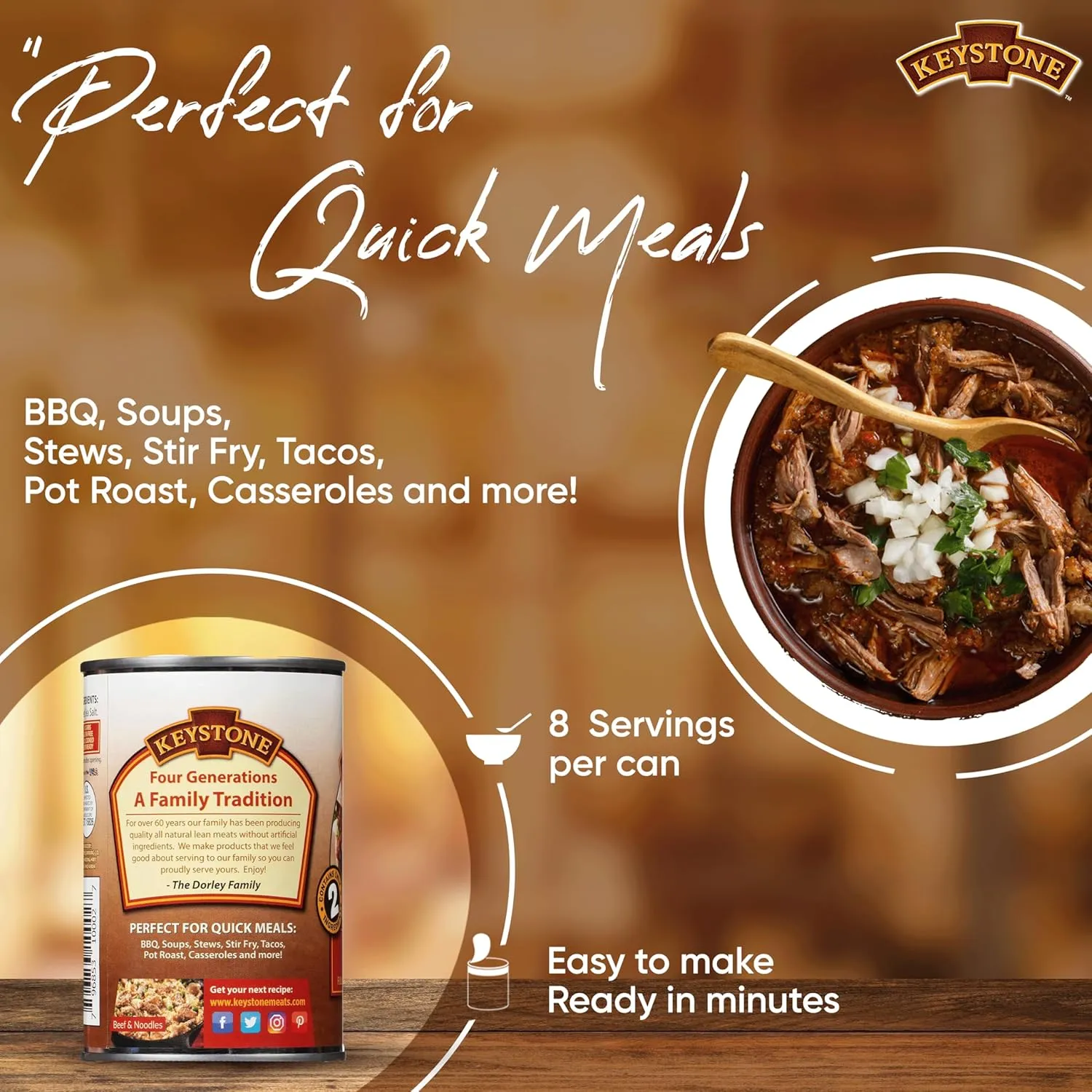 Keystone Meats All Natural Heat and Serve Canned Beef 14.5 Oz Fully Cooked Canned Meat Long Shelf Life Emergency Survival Canned Food Ready to Eat No Preservatives Gluten Free Made in USA Pack of 3