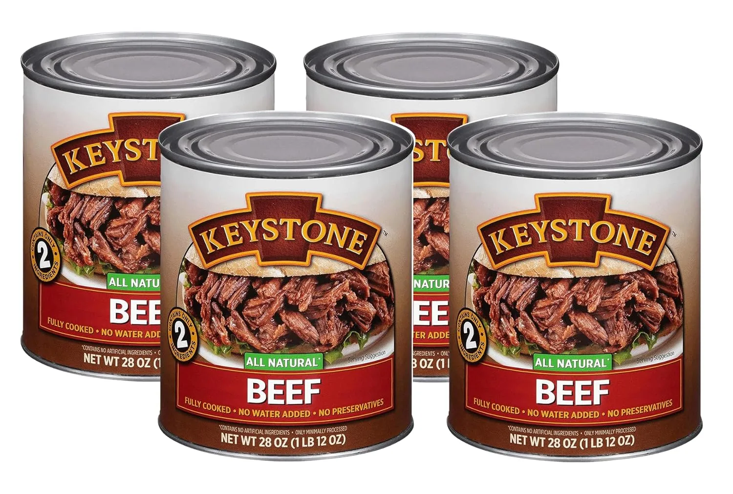 Keystone Meats All Natural Heat and Serve Canned Beef 28 Oz Fully Cooked Canned Meat Long Shelf Life Emergency Survival Canned Food Ready to Eat No Preservatives Gluten Free Made in USA Pack of 4