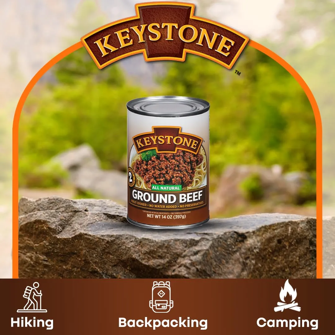 Keystone Meats All Natural Heat and Serve Ground Beef 14 Oz Fully Cooked Canned Meat Shelf Stable Emergency Survival Canned Food Ready to Eat No Preservatives Gluten Free Made in USA Pack of 2
