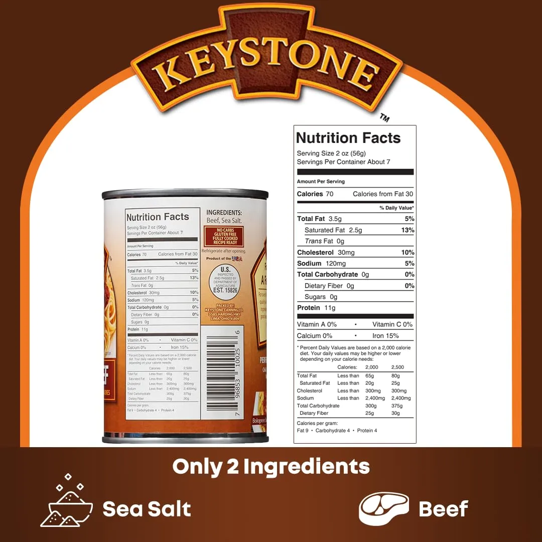Keystone Meats All Natural Heat and Serve Ground Beef 14 Oz Fully Cooked Canned Meat Shelf Stable Emergency Survival Canned Food Ready to Eat No Preservatives Gluten Free Made in USA Pack of 2