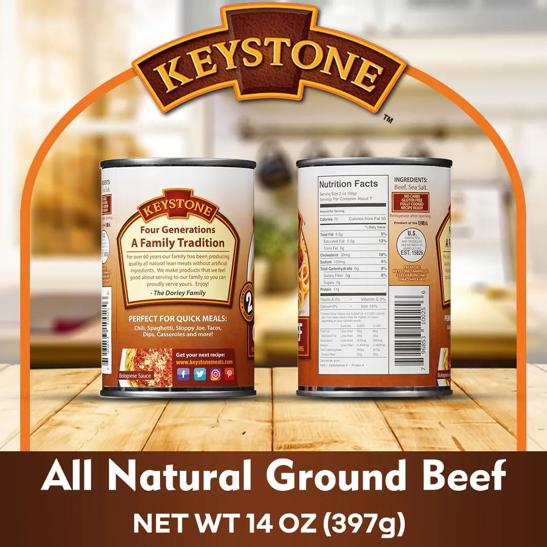 Keystone Meats All Natural Heat and Serve Ground Beef 14 Oz Fully Cooked Canned Meat Shelf Stable Emergency Survival Canned Food Ready to Eat No Preservatives Gluten Free Made in USA Pack of 2