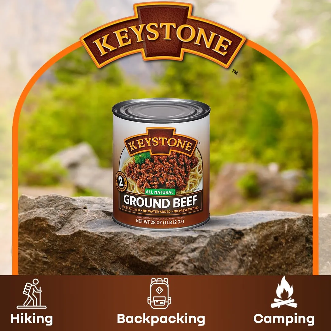 Keystone Meats All Natural Heat and Serve Ground Beef 28 Oz Fully Cooked Canned Meat Shelf Stable Emergency Survival Canned Food Ready to Eat No Preservatives Gluten Free Made in USA Pack of 3
