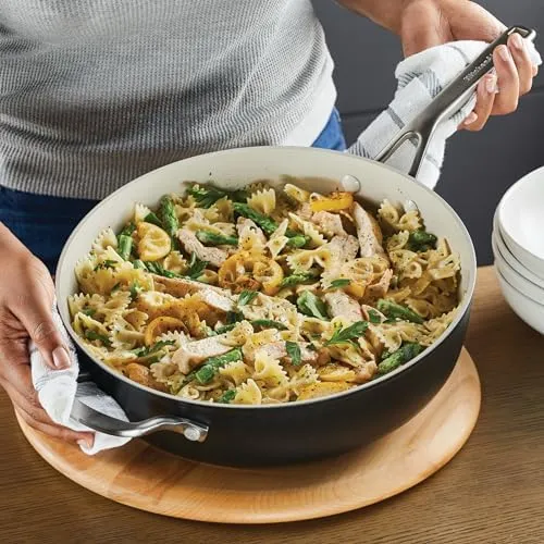 KitchenAid Hard Anodized Ceramic 5-Quart Nonstick Sauté Pan with Shatter-Resistant Lid & Riveted Handle – Durable, Even Heating, Easy Clean, Oven Safe to 500°F, Matte Black