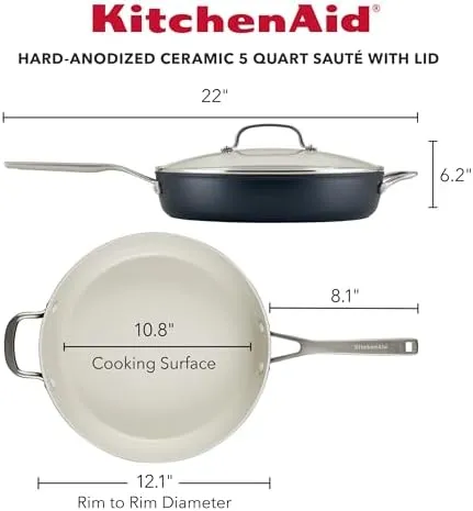 KitchenAid Hard Anodized Ceramic 5-Quart Nonstick Sauté Pan with Shatter-Resistant Lid & Riveted Handle – Durable, Even Heating, Easy Clean, Oven Safe to 500°F, Matte Black