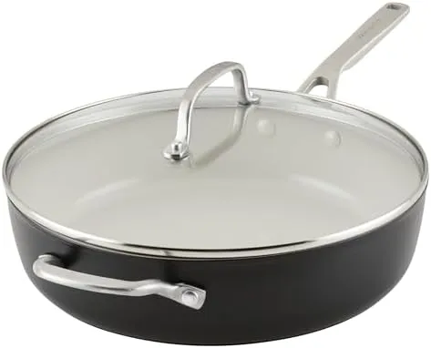 KitchenAid Hard Anodized Ceramic 5-Quart Nonstick Sauté Pan with Shatter-Resistant Lid & Riveted Handle – Durable, Even Heating, Easy Clean, Oven Safe to 500°F, Matte Black
