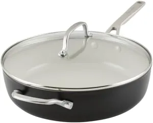KitchenAid Hard Anodized Ceramic 5-Quart Nonstick Sauté Pan with Shatter-Resistant Lid & Riveted Handle – Durable, Even Heating, Easy Clean, Oven Safe to 500°F, Matte Black