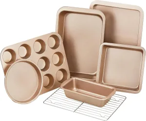 KITESSENSU Baking Pans Sets, Nonstick Bakeware Set 7-Piece with Round/Square Cake Pan, Loaf Pan, Muffin Pan, Cookie Sheet, Roast Pan, Cooling Rack & Silicone Oven Mitts, Carbon Steel Bake Set,Gold