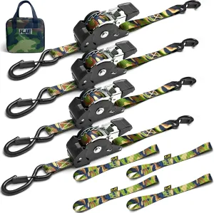 KJE Camo Retractable Ratchet Straps, (4) 1" x 10' Tie Down Strap   (4) Soft Loop -Heavy Duty 1,650lb Max Break Strength, S-Hook W/Clip, Self Retracting Ratchet Strap for Motorcycle, Kayak, ATVs, Boats
