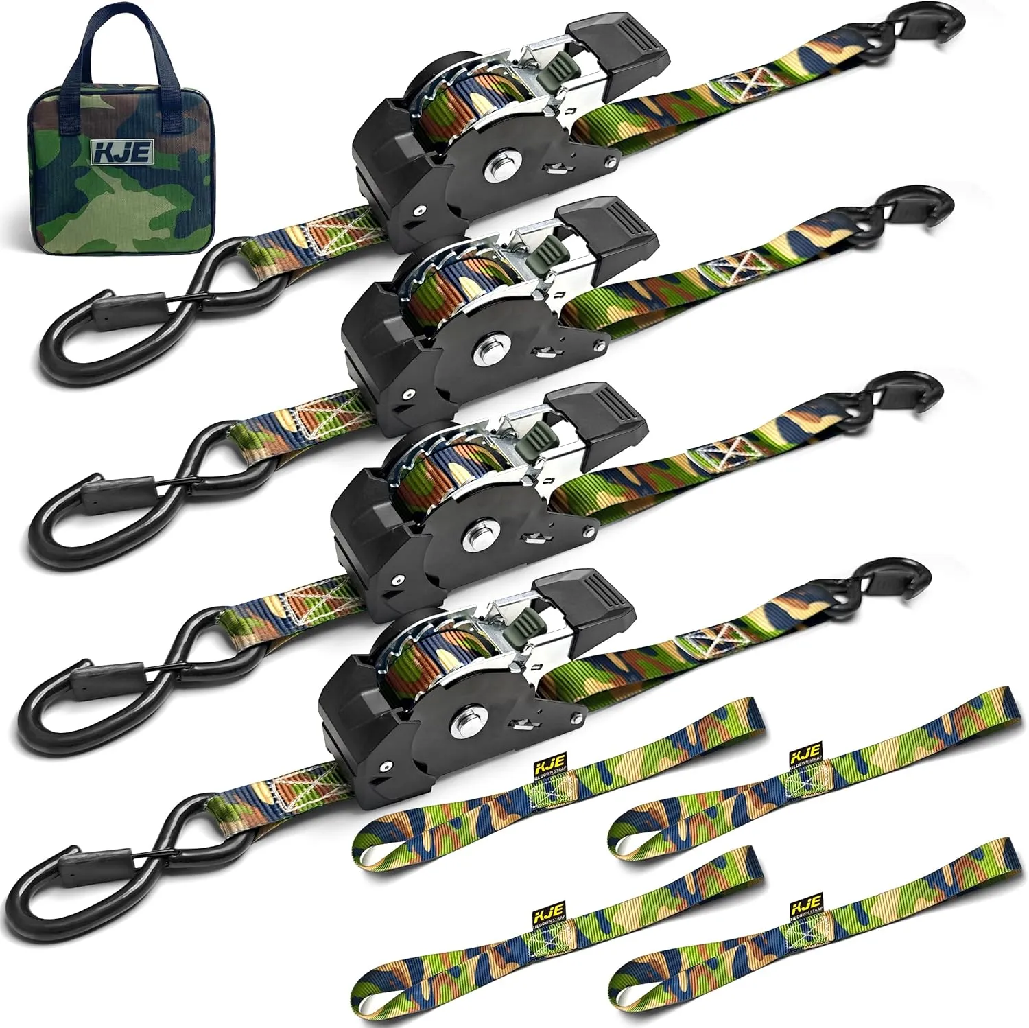 KJE Camo Retractable Ratchet Straps, (4) 1" x 10' Tie Down Strap   (4) Soft Loop -Heavy Duty 1,650lb Max Break Strength, S-Hook W/Clip, Self Retracting Ratchet Strap for Motorcycle, Kayak, ATVs, Boats