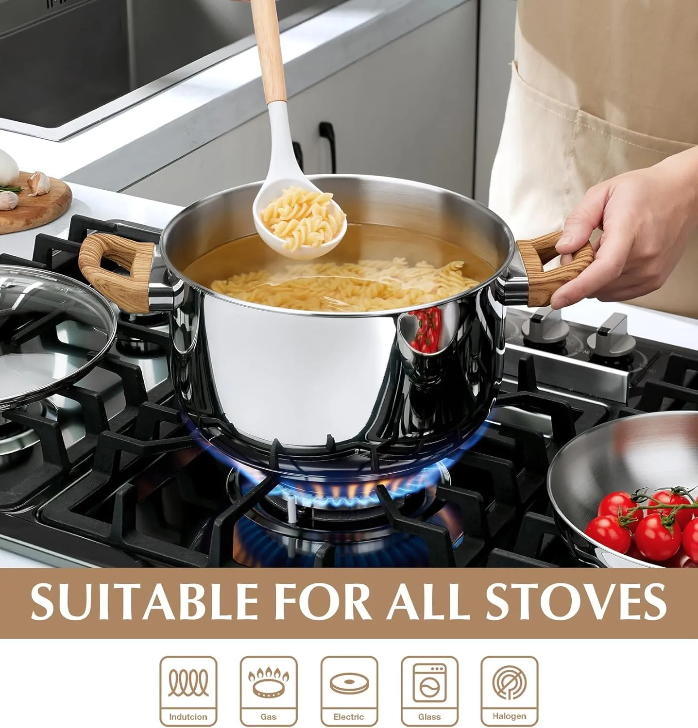 KOCH SYSTEME CS Stainless Steel Pot - 6 Quart Induction Stainless Steel Stock Pot with Lid for Pasta, Soup, Spaghetti, Steel Soup pots with Heat-Resistant Bakelite Double Handle, Dishwasher Safe