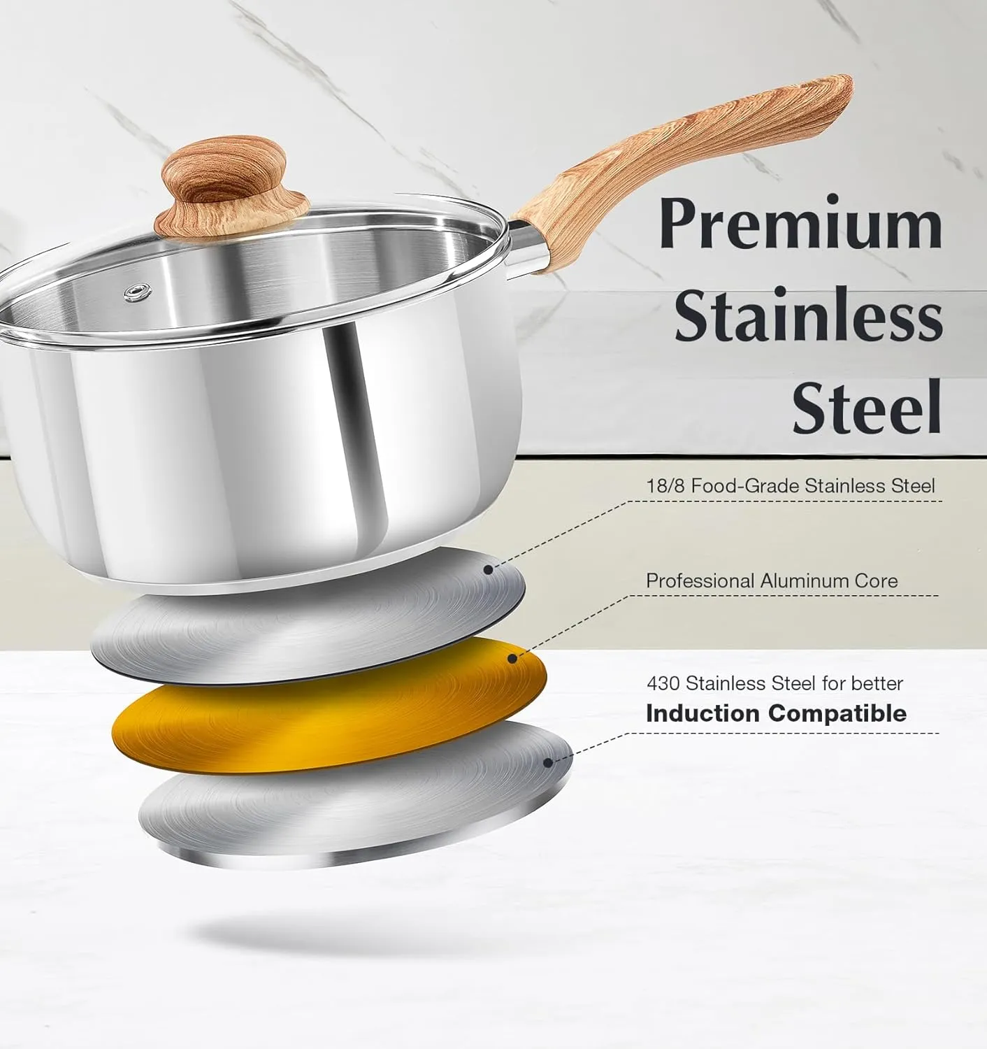 KOCH SYSTEME CS Stainless Steel Saucepan Set, 6 Piece Sauce Pan Set 1QT & 2QT & 3QT with Heat-resistant Bakelite Handle, Cool-Touch Stainless Steel Pot Set, Sauce Pans Induction Ready
