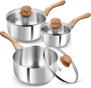 KOCH SYSTEME CS Stainless Steel Saucepan Set, 6 Piece Sauce Pan Set 1QT & 2QT & 3QT with Heat-resistant Bakelite Handle, Cool-Touch Stainless Steel Pot Set, Sauce Pans Induction Ready