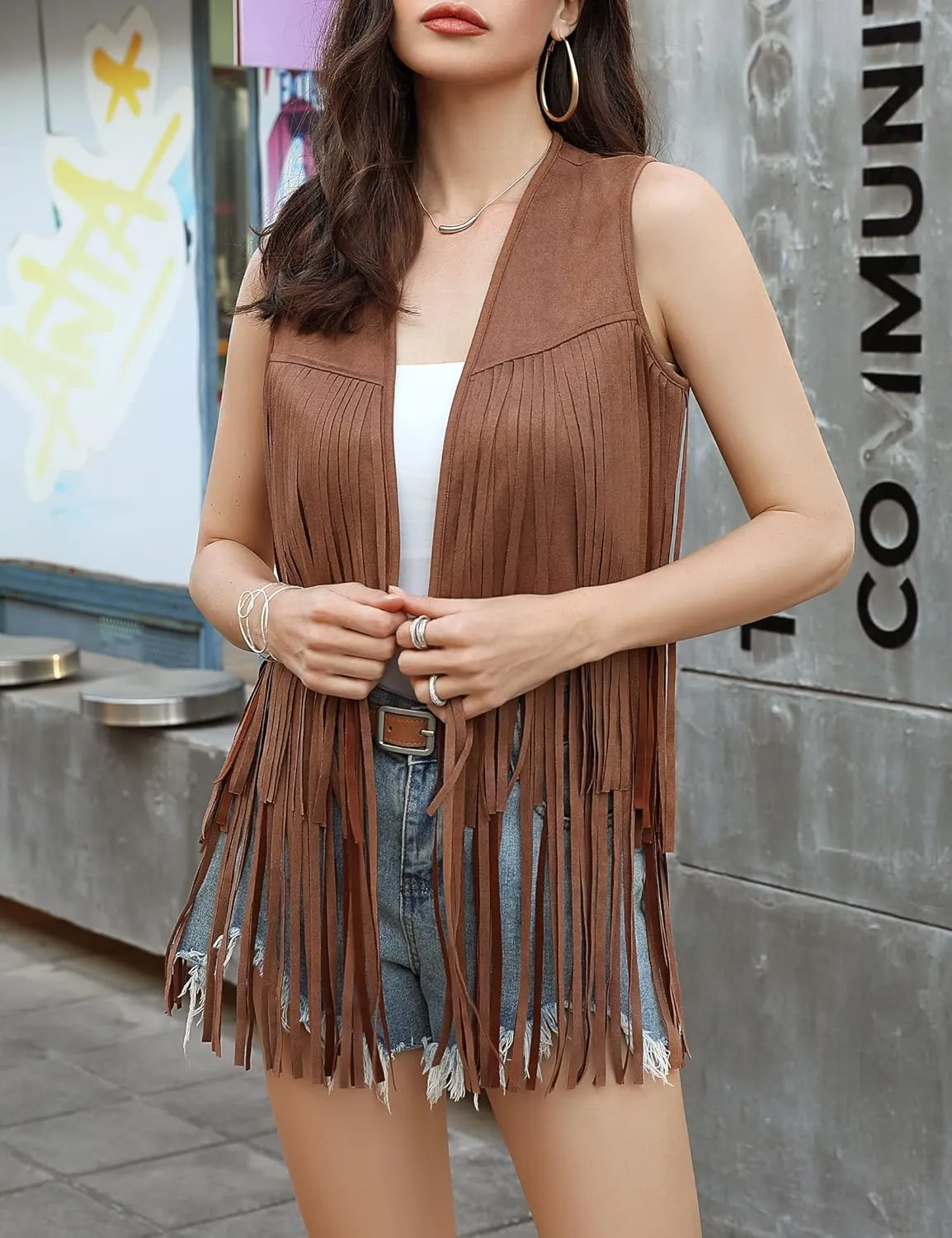 KOJOOIN Women's Fringe Vest 70s Hippie Faux Suede Rivets Sleeveless Costume Fringe Jacket Brown S