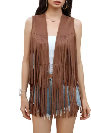 KOJOOIN Women's Fringe Vest 70s Hippie Faux Suede Rivets Sleeveless Costume Fringe Jacket Brown S