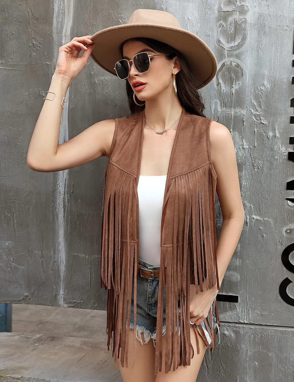 KOJOOIN Women's Fringe Vest 70s Hippie Faux Suede Rivets Sleeveless Costume Fringe Jacket Brown S