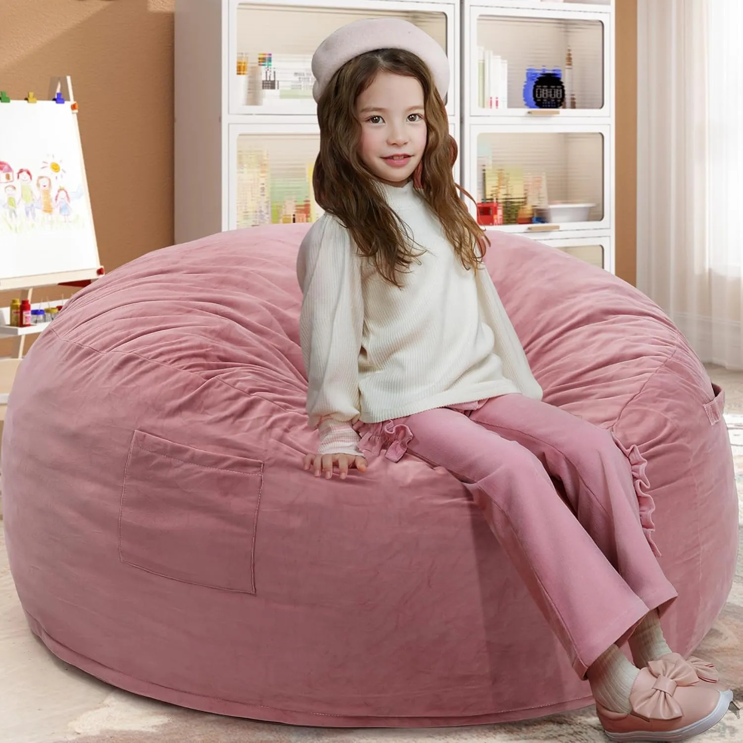 Kromax Large 3.5’ Bean Bag Chair for Kids, Teens, Adults, Memory Foam, Easy to Clean Washable Soft Suede Cover, Reinforced Zipper, Perfect for Living Room, Den, Bedroom, or Dorm, Pink