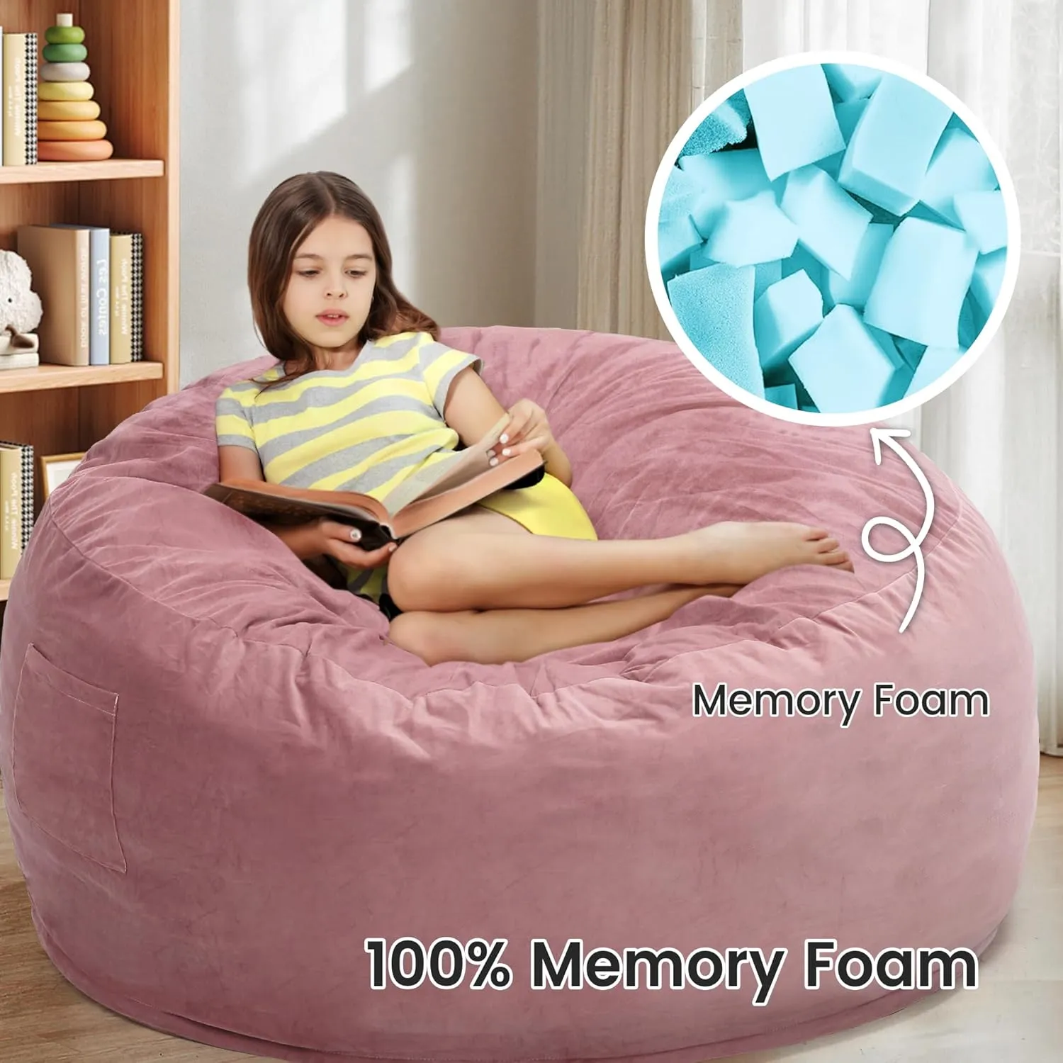 Kromax Large 3.5’ Bean Bag Chair for Kids, Teens, Adults, Memory Foam, Easy to Clean Washable Soft Suede Cover, Reinforced Zipper, Perfect for Living Room, Den, Bedroom, or Dorm, Pink