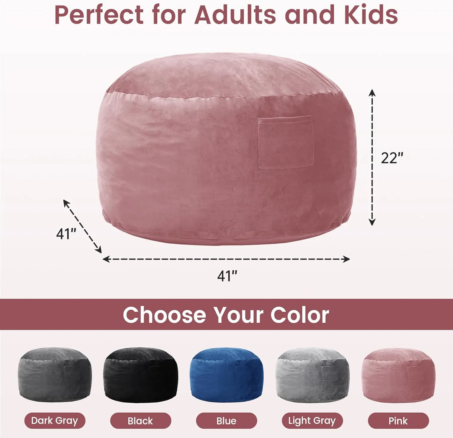 Kromax Large 3.5’ Bean Bag Chair for Kids, Teens, Adults, Memory Foam, Easy to Clean Washable Soft Suede Cover, Reinforced Zipper, Perfect for Living Room, Den, Bedroom, or Dorm, Pink
