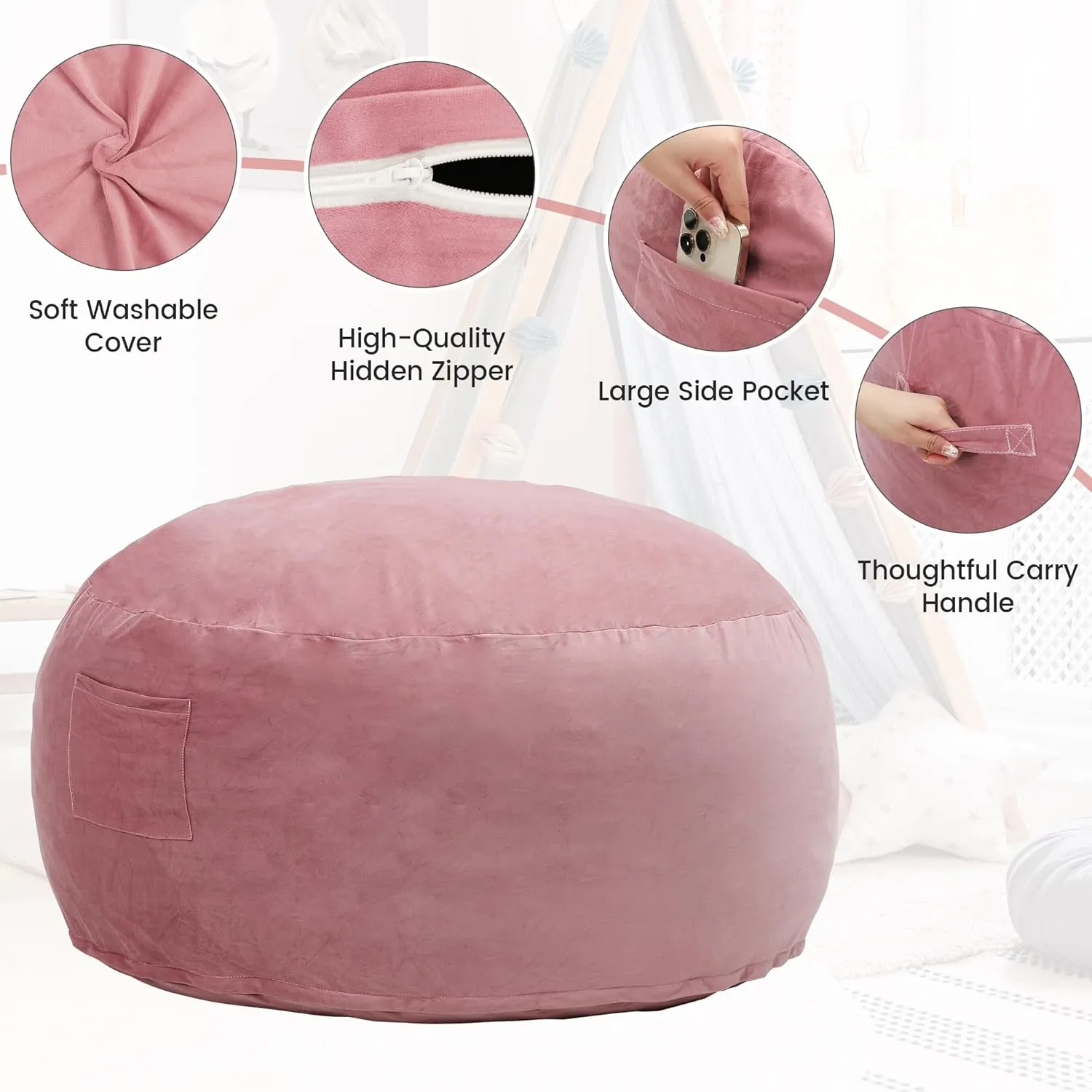 Kromax Large 3.5’ Bean Bag Chair for Kids, Teens, Adults, Memory Foam, Easy to Clean Washable Soft Suede Cover, Reinforced Zipper, Perfect for Living Room, Den, Bedroom, or Dorm, Pink