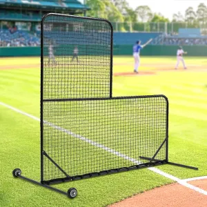 L-Shaped Baseball Net for Batting Cages, 84 Inches H 84 Inches W Pitching Net with Wheels & 42 Inches Cutouts, Includes Carry Bag (Black) – Portable Training Net for Baseball & Softball