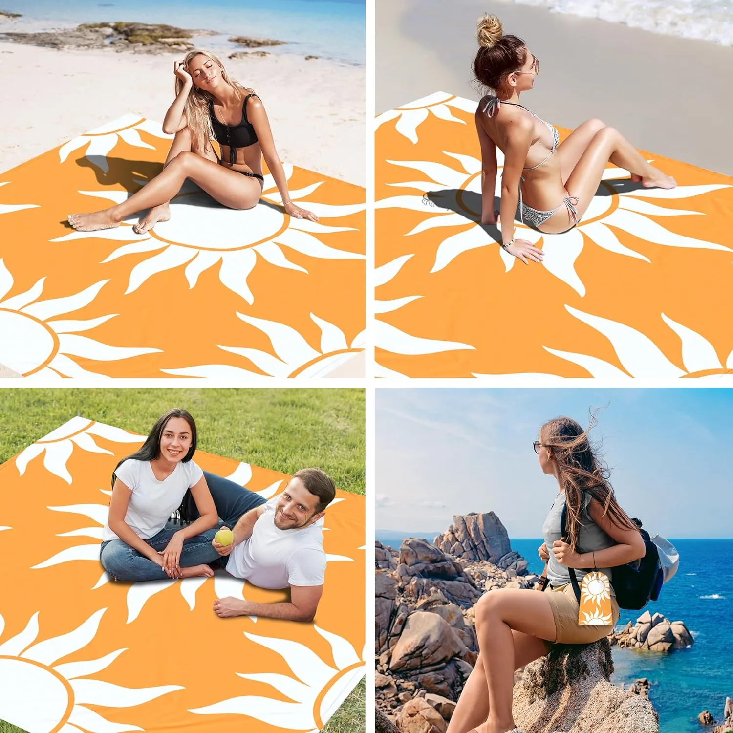 Large Beach Blanket Waterproof Sandproof, 9×10 FT Beach Mat Sand Free for 2-8 Adult with Stakes and Sand Pocket, Foldable Picnic Blankets for Outdoor, Camping Hiking, Vacation Essentials-Boho Sun Rise
