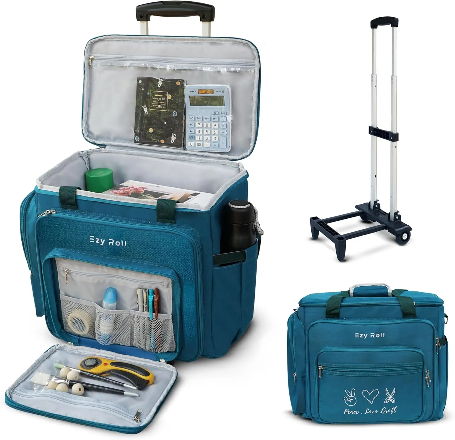 Large Craft Bag With Detachable Wheels - Water Resistant Storage Organizer, Teacher Tote, Work Bag, Sewing Machine Case - Blue
