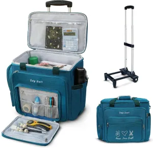 Large Craft Bag With Detachable Wheels - Water Resistant Storage Organizer, Teacher Tote, Work Bag, Sewing Machine Case - Blue