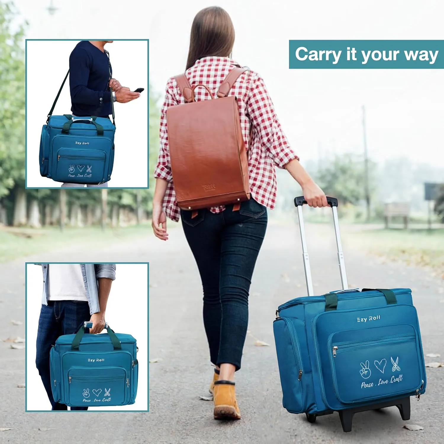 Large Craft Bag With Detachable Wheels - Water Resistant Storage Organizer, Teacher Tote, Work Bag, Sewing Machine Case - Blue