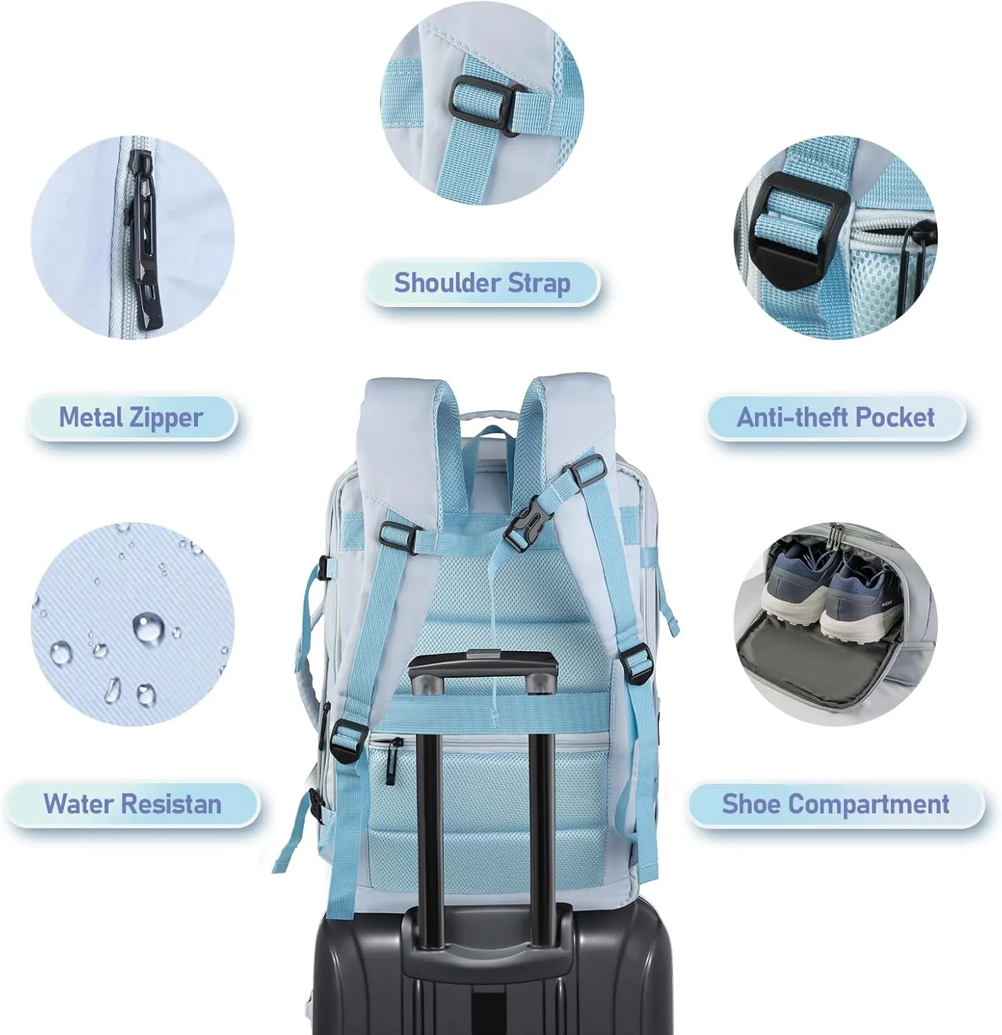 Large Travel Backpack, 17.3 inch USB Charging Port Laptop Backpack for Women, Airline Approved Personal Item Backpack, 45l Lightweight Luggage Carry on Work Bag for Ladies Business Travel Hiking, Blue