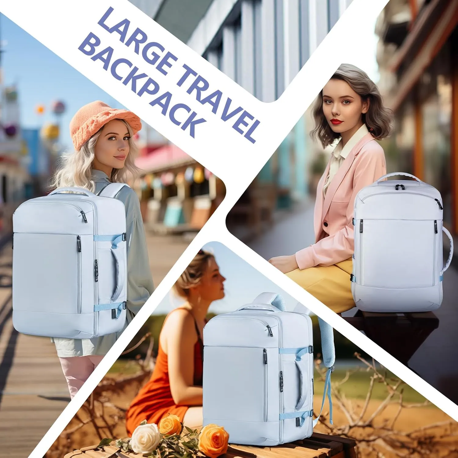Large Travel Backpack, 17.3 inch USB Charging Port Laptop Backpack for Women, Airline Approved Personal Item Backpack, 45l Lightweight Luggage Carry on Work Bag for Ladies Business Travel Hiking, Blue