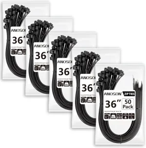 Large Zip Ties 36 inch (250 Pack), Long Zip Ties Heavy Duty with 250 lb Tensile Strength, Big Cable Ties, Black, by ANOSON