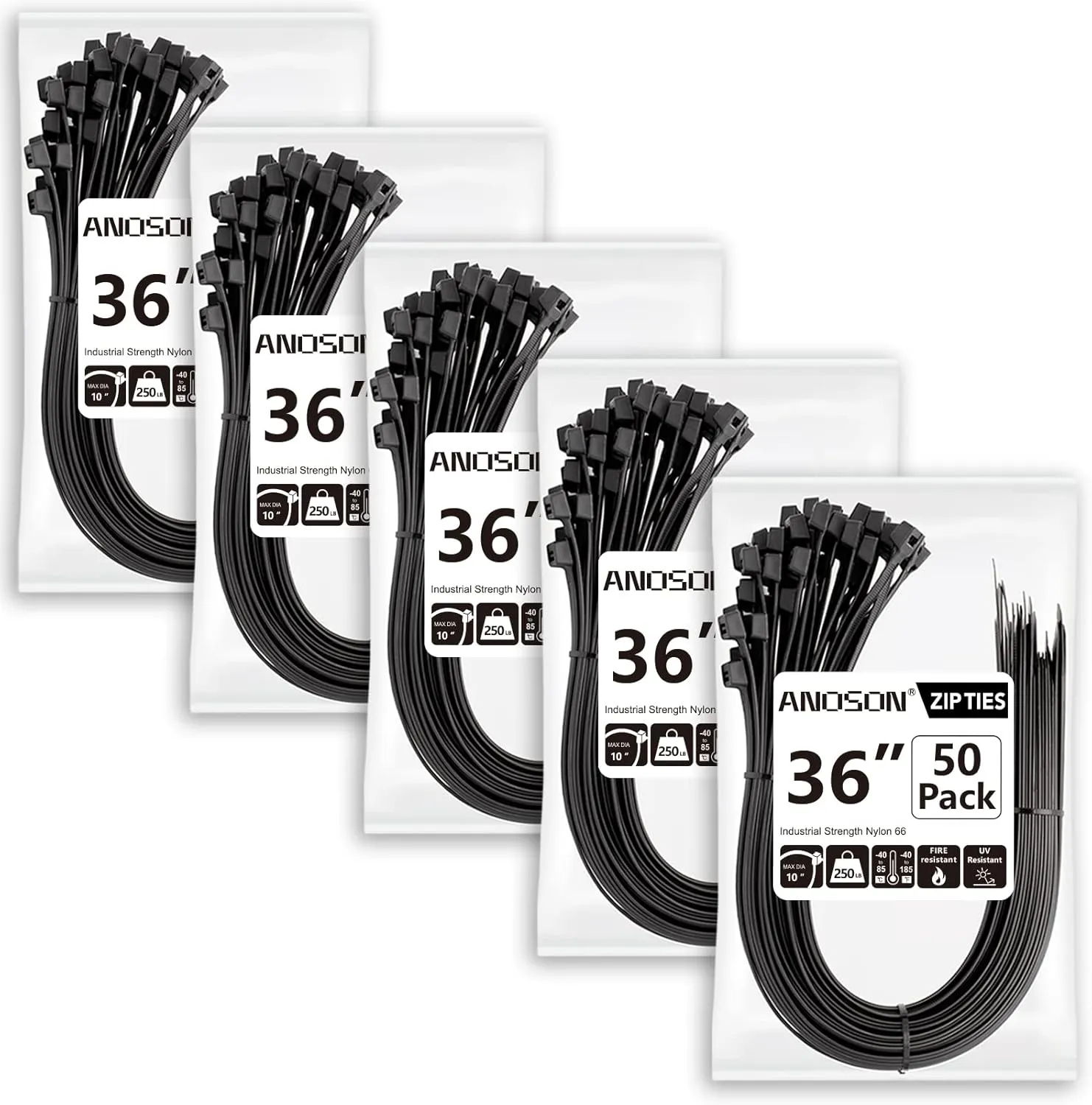 Large Zip Ties 36 inch (250 Pack), Long Zip Ties Heavy Duty with 250 lb Tensile Strength, Big Cable Ties, Black, by ANOSON