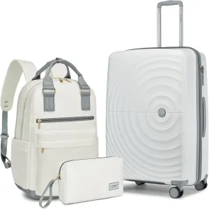 LARVENDER Luggage Sets 3 Piece, 20in Carry On Luggage, PP Hardshell Suitcase Set, Expandable Luggage with Spinner Wheels, Carry On Suitcase With Travel Backpack for Men Women(WHITE/20/BP/TB)