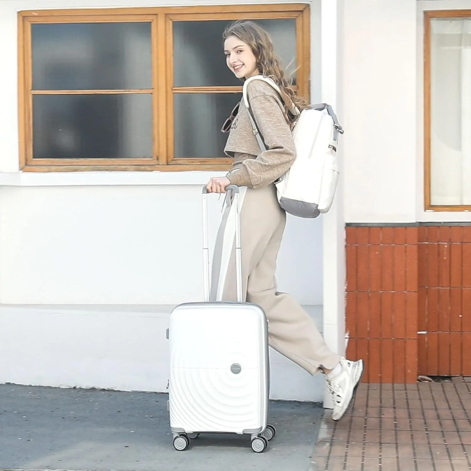 LARVENDER Luggage Sets 3 Piece, 20in Carry On Luggage, PP Hardshell Suitcase Set, Expandable Luggage with Spinner Wheels, Carry On Suitcase With Travel Backpack for Men Women(WHITE/20/BP/TB)
