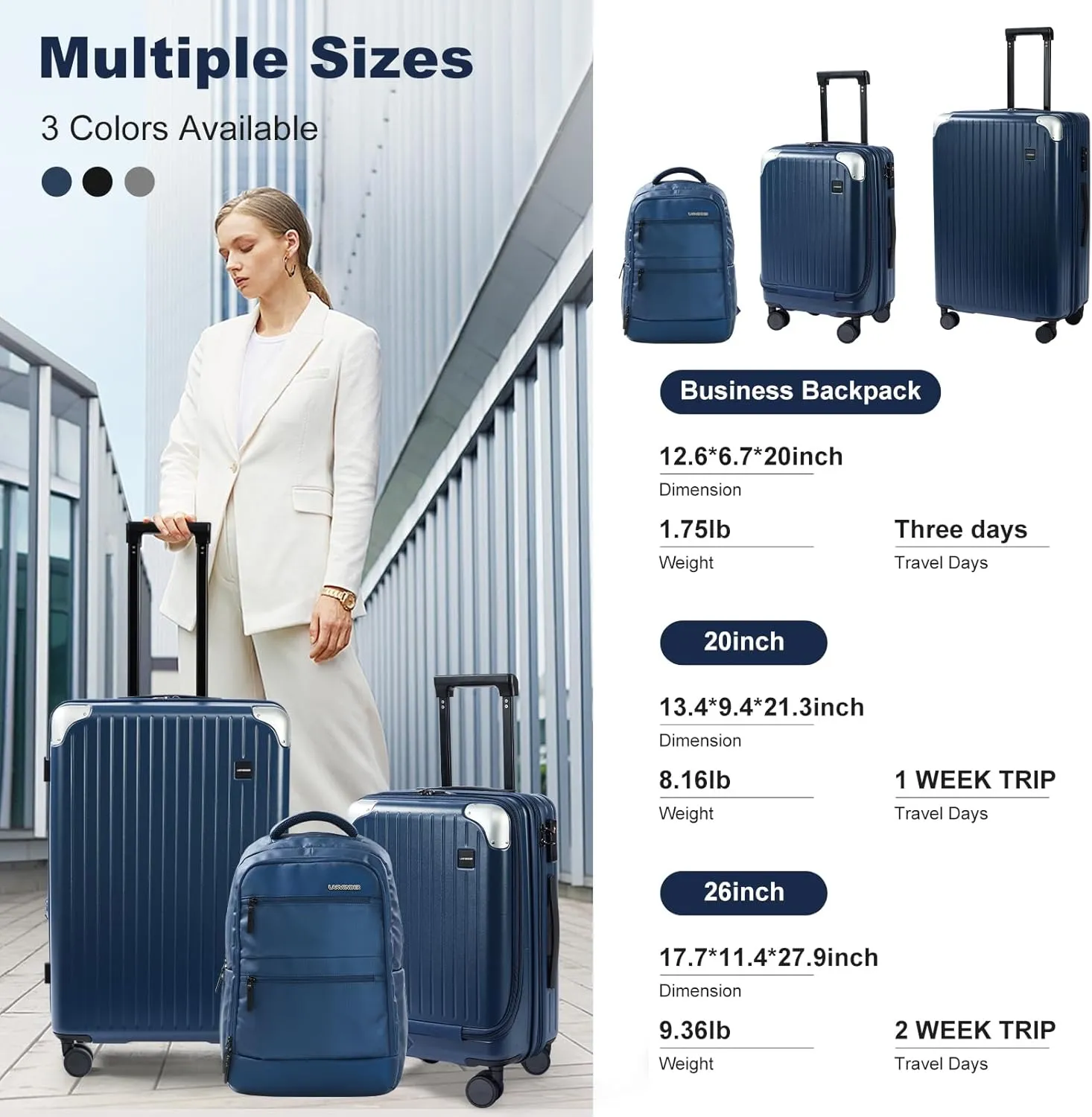 LARVENDER Luggage Sets 3 Piece Expandable 20inch Carry On Luggage Suitcase with Front Pocket, Hardshell 28inch Checked Luggage with Spinner Wheels, TSA Lock for Men & Women, Blue