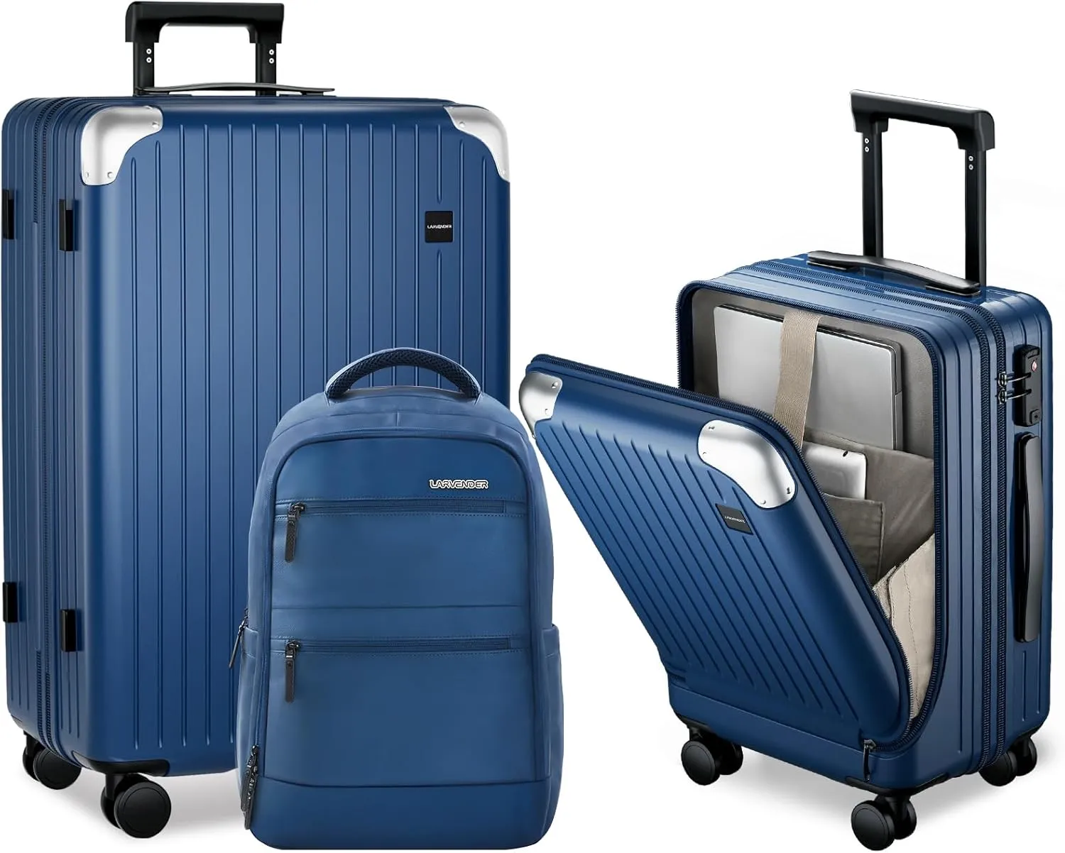 LARVENDER Luggage Sets 3 Piece Expandable 20inch Carry On Luggage Suitcase with Front Pocket, Hardshell 28inch Checked Luggage with Spinner Wheels, TSA Lock for Men & Women, Blue