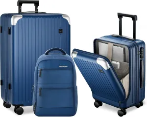 LARVENDER Luggage Sets 3 Piece Expandable 20inch Carry On Luggage Suitcase with Front Pocket, Hardshell 28inch Checked Luggage with Spinner Wheels, TSA Lock for Men & Women, Blue