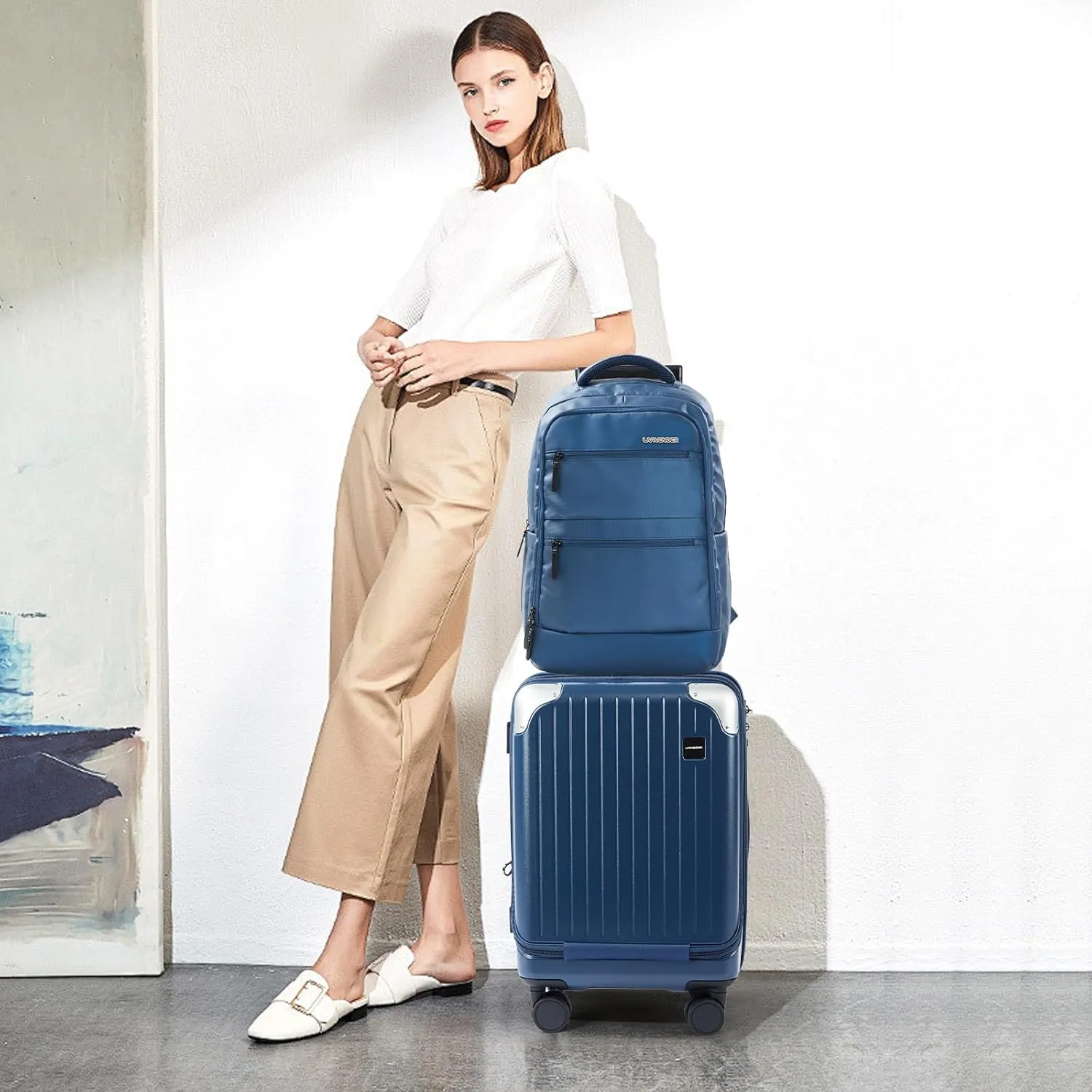 LARVENDER Luggage Sets 3 Piece Expandable 20inch Carry On Luggage Suitcase with Front Pocket, Hardshell 28inch Checked Luggage with Spinner Wheels, TSA Lock for Men & Women, Blue