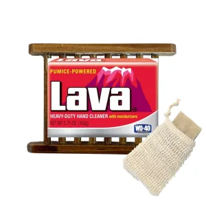 Lava's Heavy-Duty Hand Cleaner Pumice Lava Soap Bar WD-40 (5.75 ounce) Bundle Pack by FOXTAIL COLLECTIVE - Includes Bamboo Soap Holder, Sisal Exfoliating Soap Bag, Plus 10 Grease, Grime and Cleaning Hacks (Original Pumice-Powered)