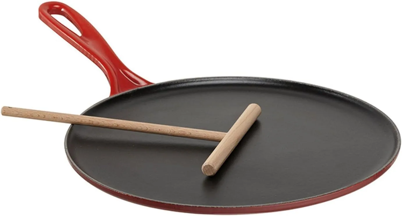 Le Creuset Enameled Cast Iron Crepe Pan with Rateau and Spatula, 10.75", Cerise