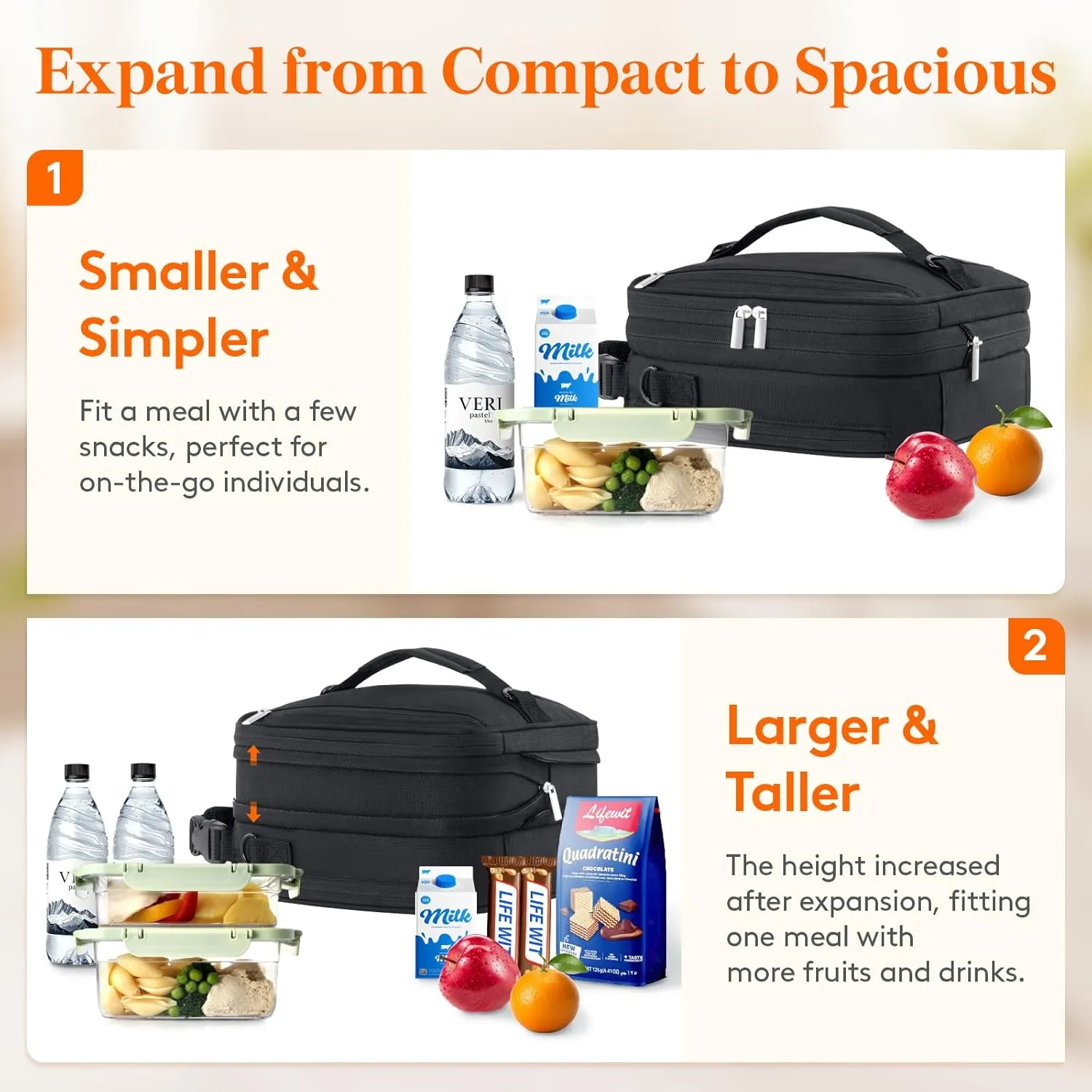 Lifewit Insulated Lunch Box for Men, Expandable Cooler Bag, Freezable Lunch Bag for Women with 2 Ice Packs and Shoulder Straps for Work Travel College, 8.2L Black