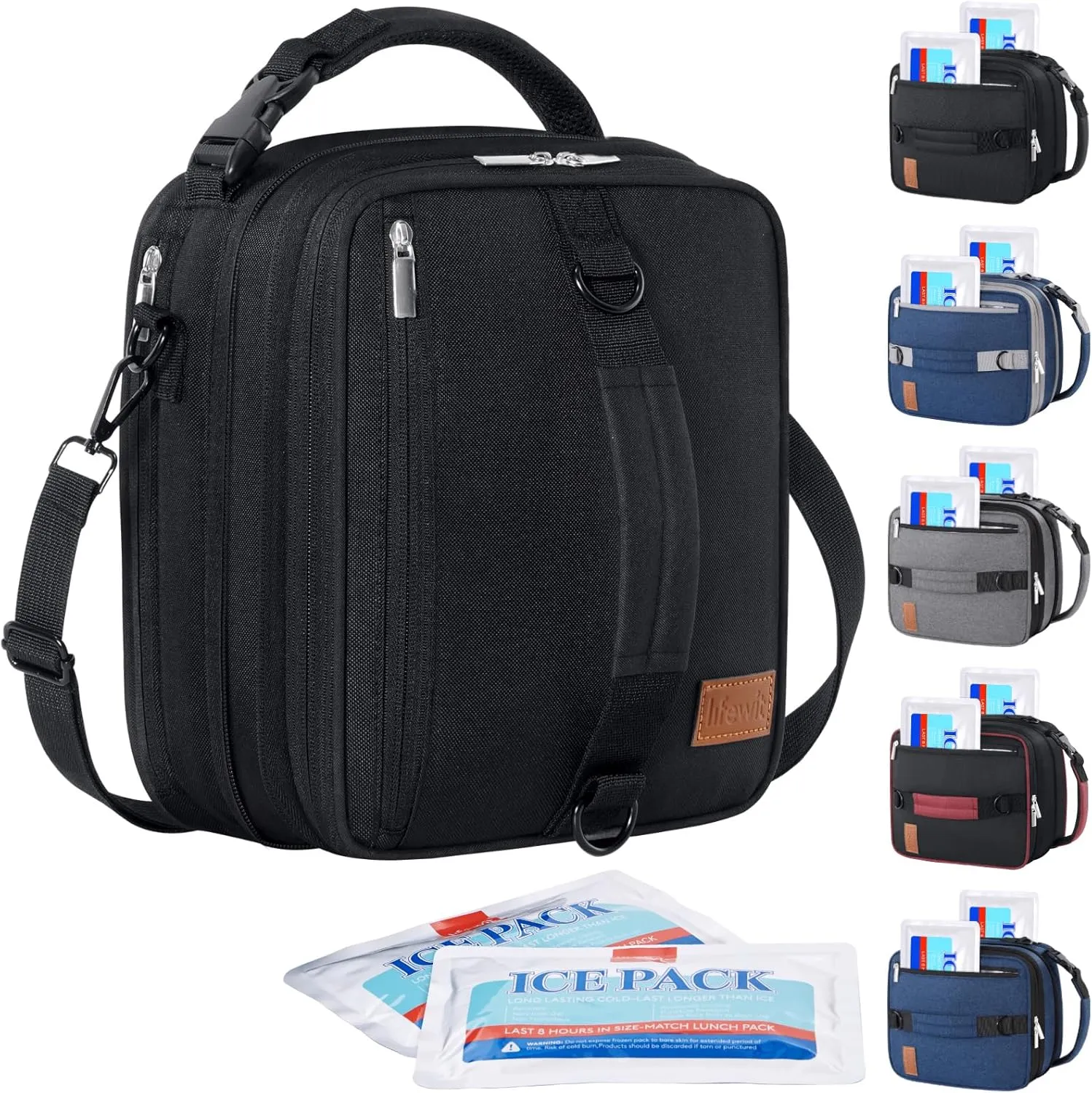 Lifewit Insulated Lunch Box for Men, Expandable Cooler Bag, Freezable Lunch Bag for Women with 2 Ice Packs and Shoulder Straps for Work Travel College, 8.2L Black