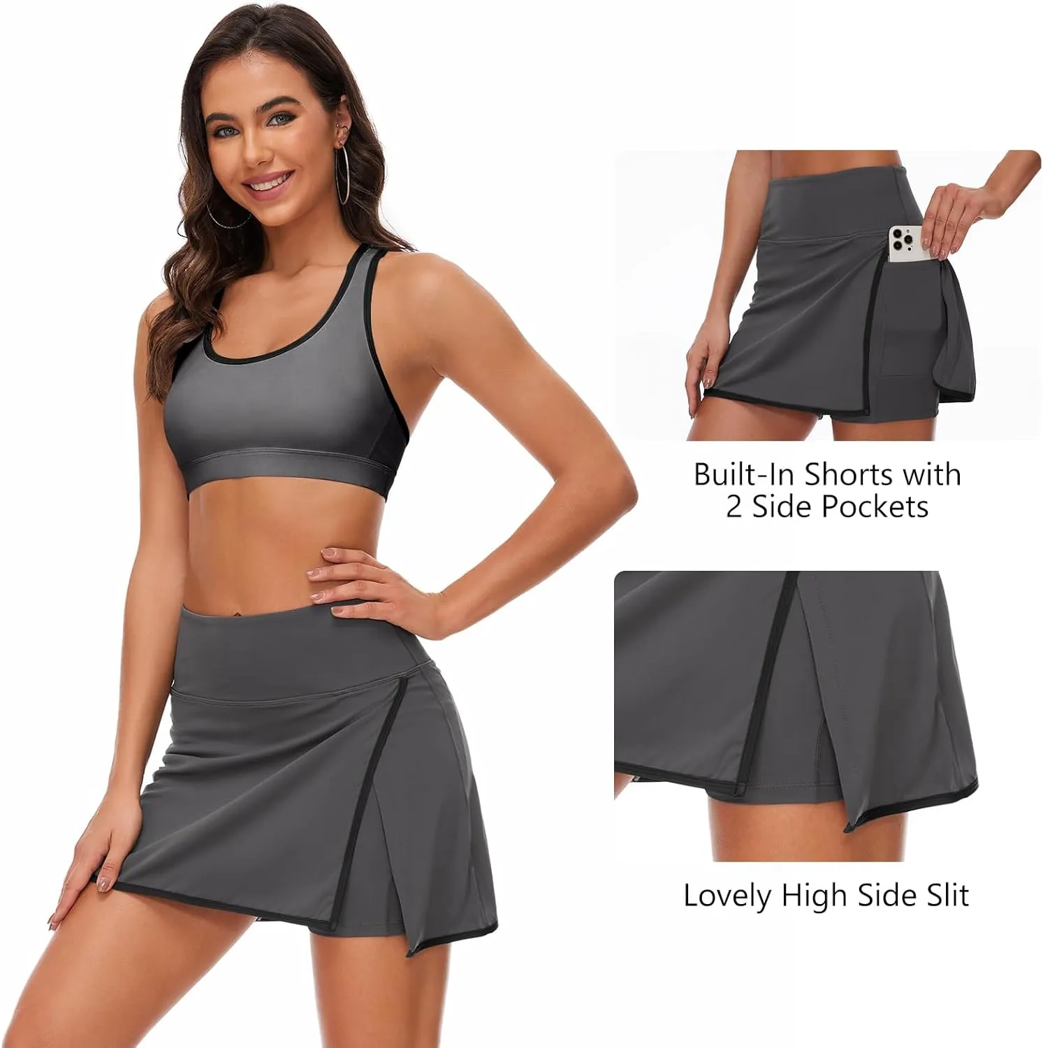Lightbare Women’s Tennis Skirts High Waisted Mini Golf Skirt with Shorts Pockets Side Slit Skort Quick Dry for Athletic