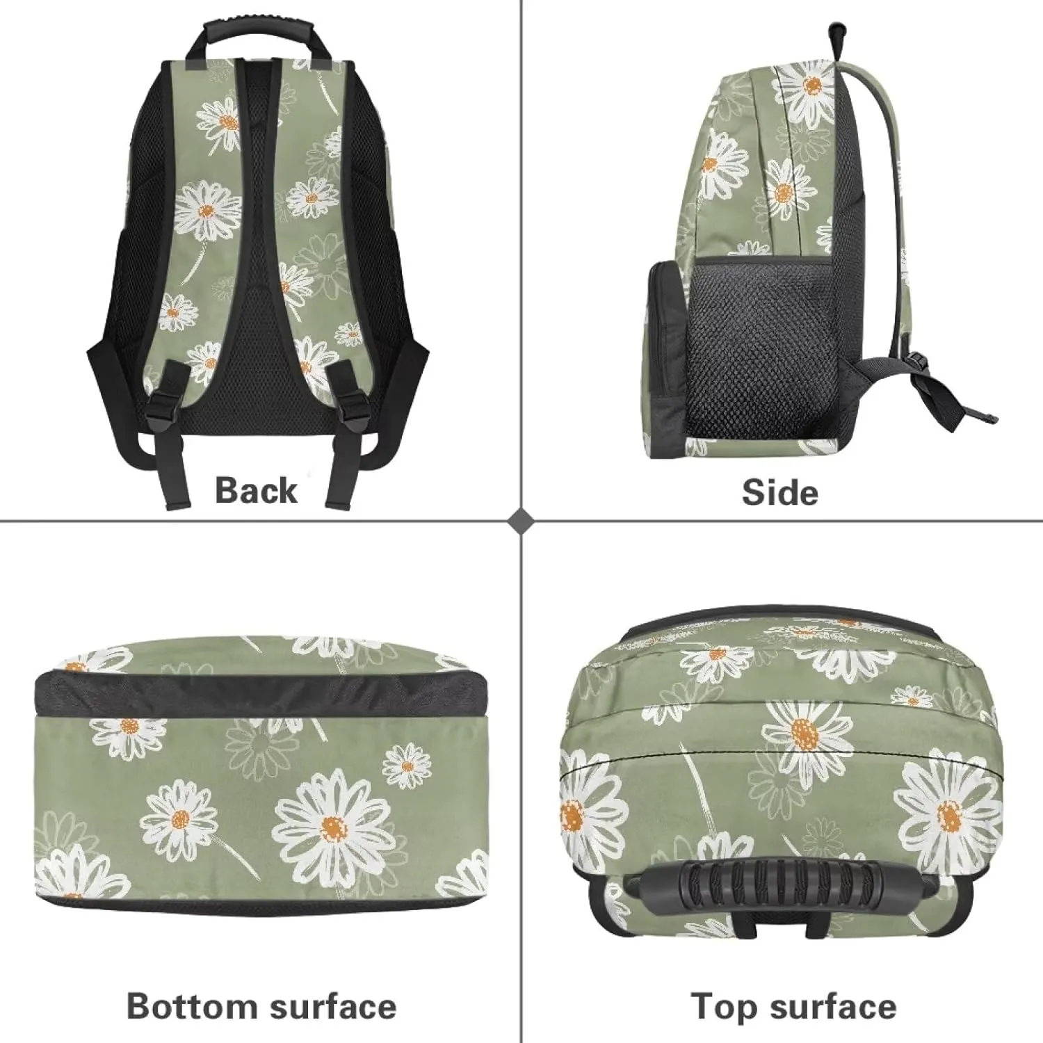 Lightweight Backpack for Teen Girls & Boys - School Bag Fit 15.6 Inch Laptop Compartment, 2 Elastic Side Pockets & Front Pockets Organizer (17.3x12.2x5.9in) Aesthetic Daisy Print Green