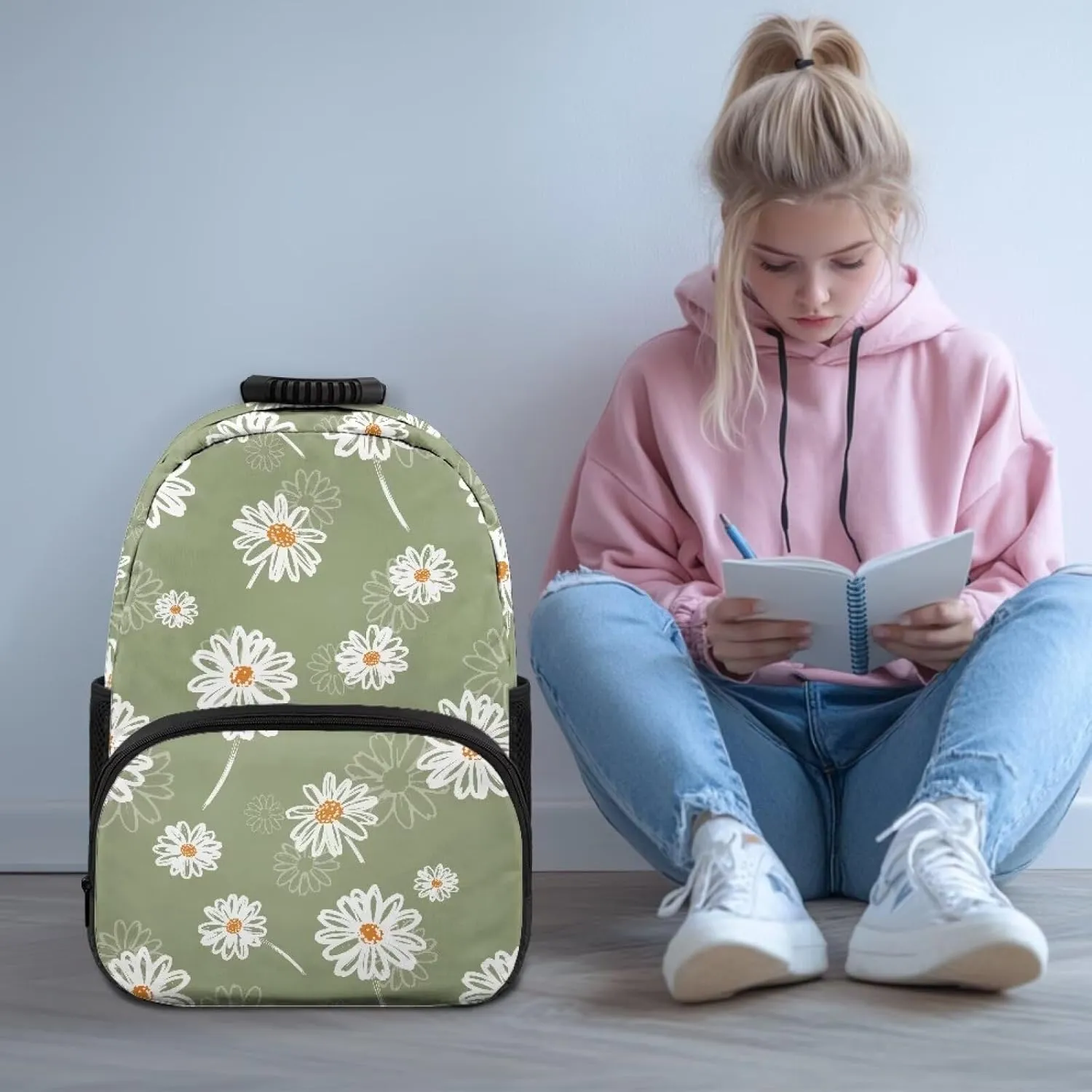 Lightweight Backpack for Teen Girls & Boys - School Bag Fit 15.6 Inch Laptop Compartment, 2 Elastic Side Pockets & Front Pockets Organizer (17.3x12.2x5.9in) Aesthetic Daisy Print Green