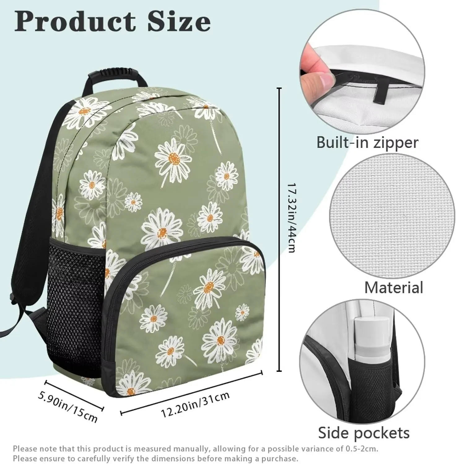 Lightweight Backpack for Teen Girls & Boys - School Bag Fit 15.6 Inch Laptop Compartment, 2 Elastic Side Pockets & Front Pockets Organizer (17.3x12.2x5.9in) Aesthetic Daisy Print Green