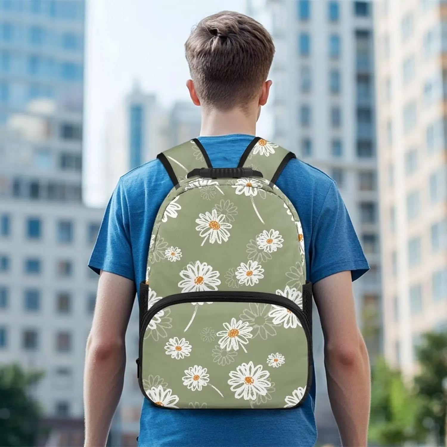 Lightweight Backpack for Teen Girls & Boys - School Bag Fit 15.6 Inch Laptop Compartment, 2 Elastic Side Pockets & Front Pockets Organizer (17.3x12.2x5.9in) Aesthetic Daisy Print Green