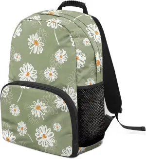 Lightweight Backpack for Teen Girls & Boys - School Bag Fit 15.6 Inch Laptop Compartment, 2 Elastic Side Pockets & Front Pockets Organizer (17.3x12.2x5.9in) Aesthetic Daisy Print Green